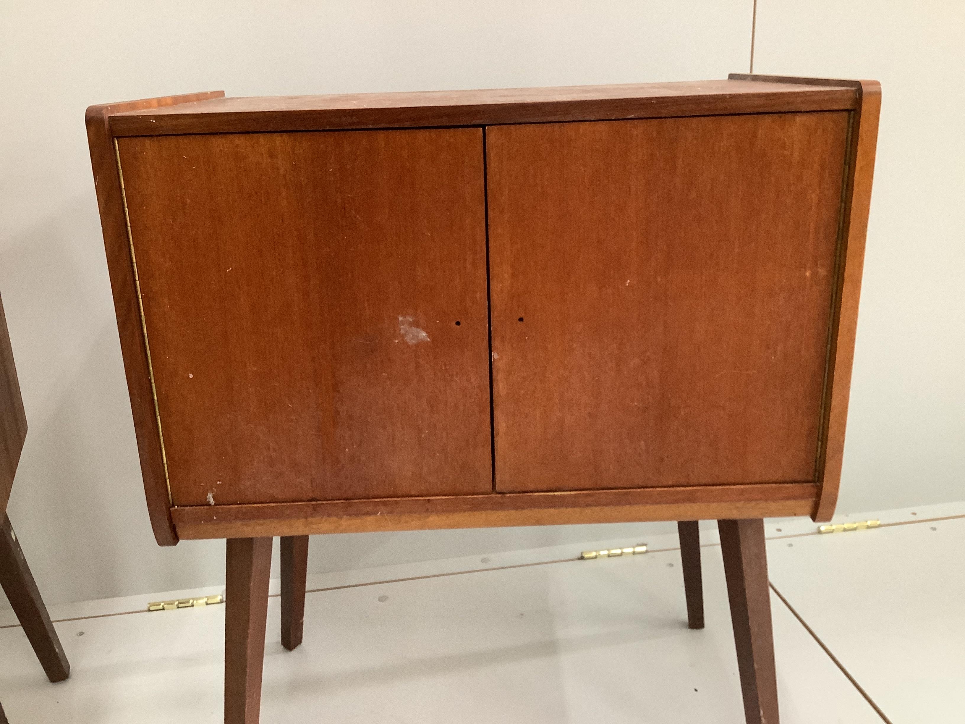 A pair of mid century Danish style teak record cabinets, width 61cm, depth 36cm, height 74cm